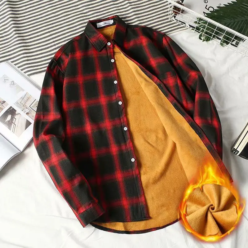 Men's Fleece Plaid Shirt Red Black Long Sleeve Warm Winter Jacket - Image 7
