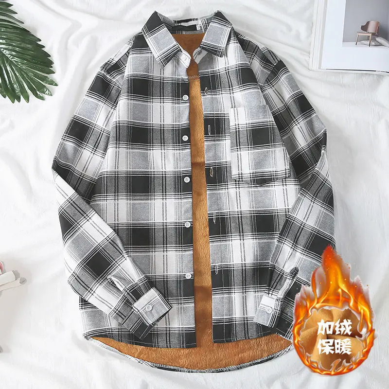 Men's Fleece Plaid Shirt Red Black Long Sleeve Warm Winter Jacket - Image 8