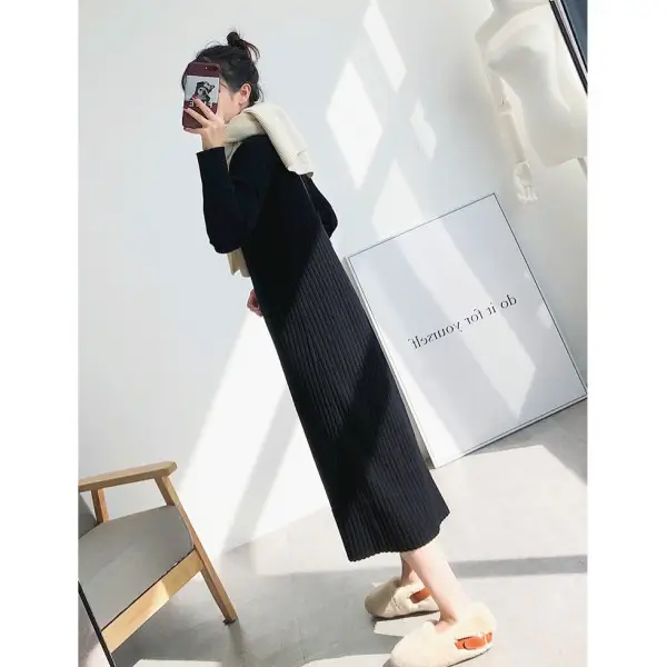 Black Knitted Half-Neck Dress for Women
