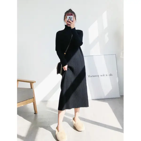 Black Knitted Half-Neck Dress for Women