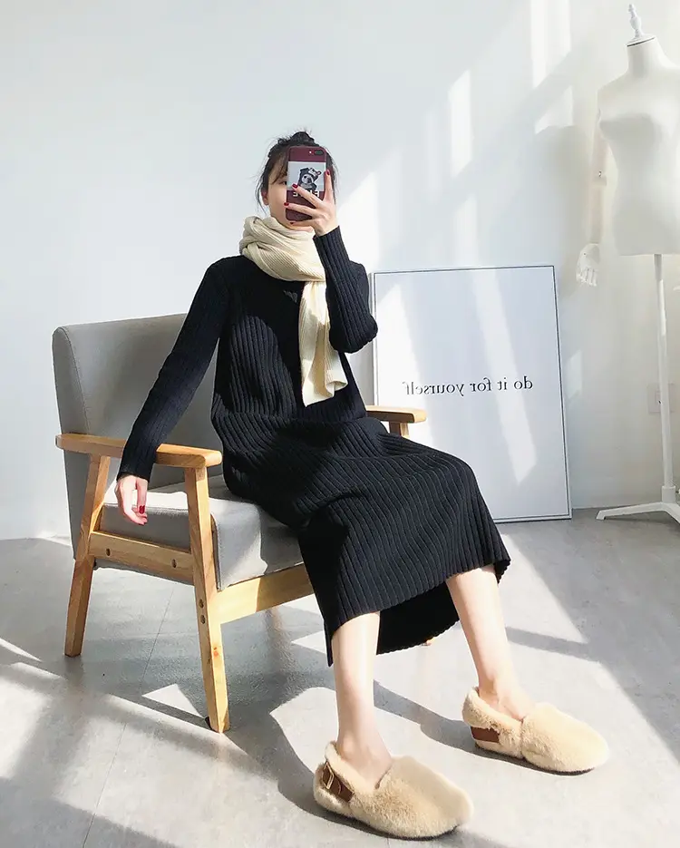 Black Knitted Half-Neck Dress for Women — feature 5
