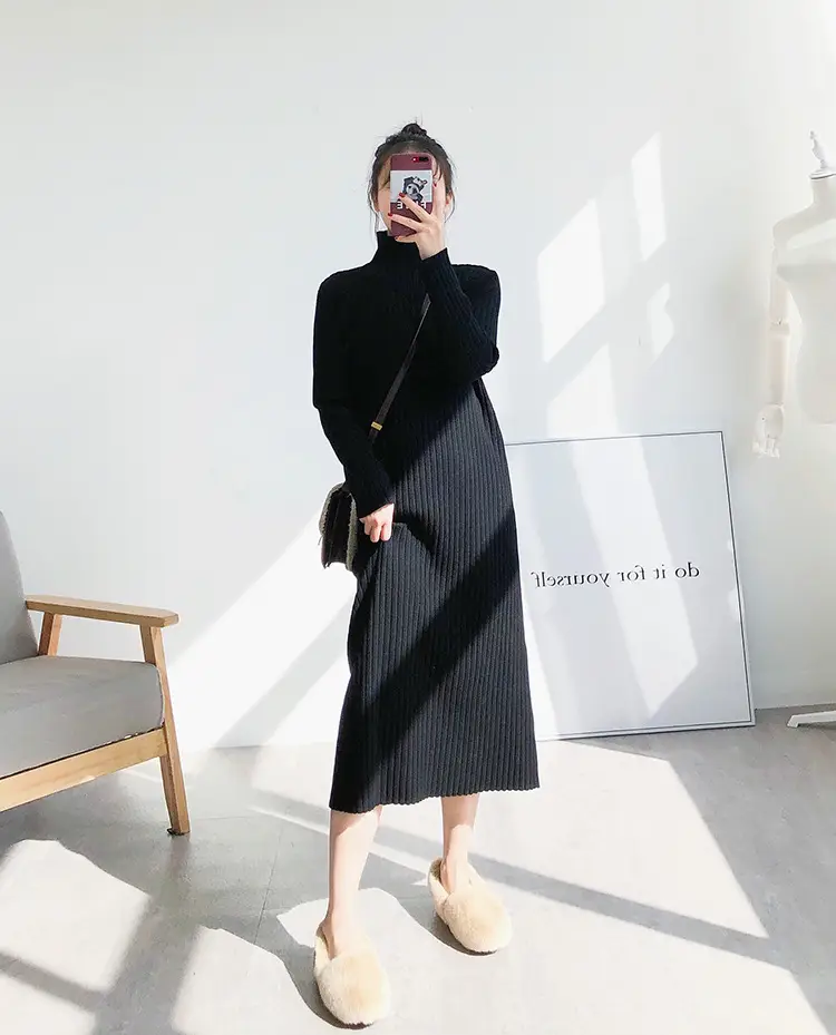 Black Knitted Half-Neck Dress for Women — feature 8