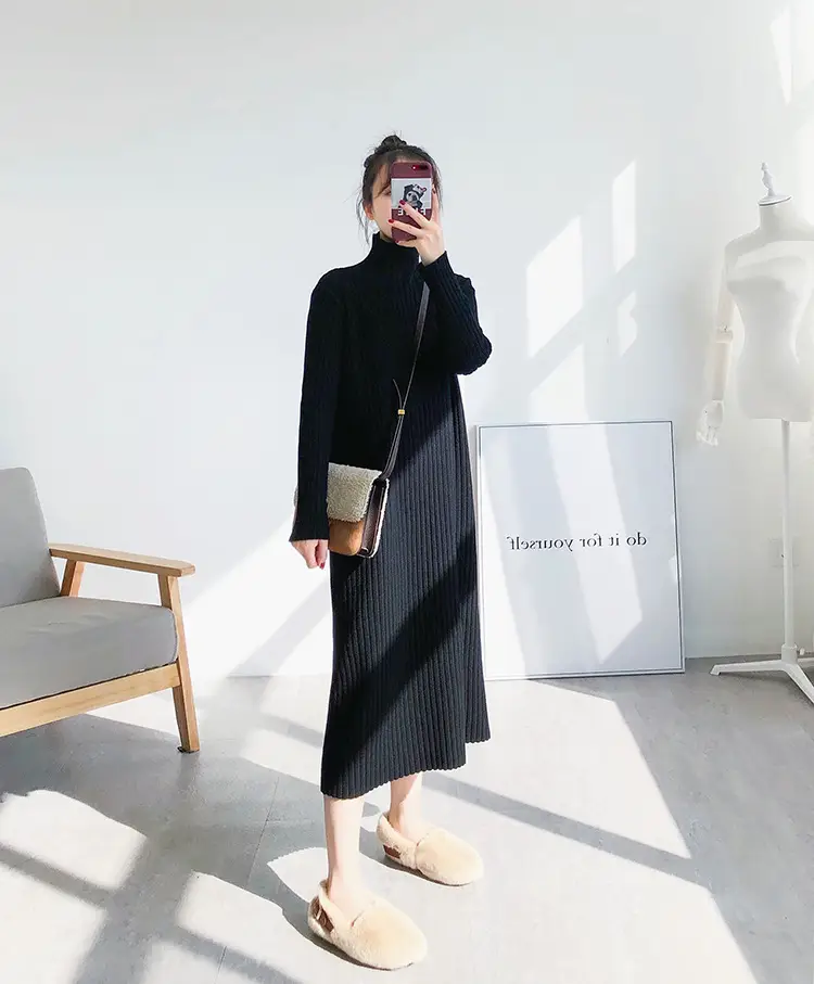 Black Knitted Half-Neck Dress for Women — feature 9