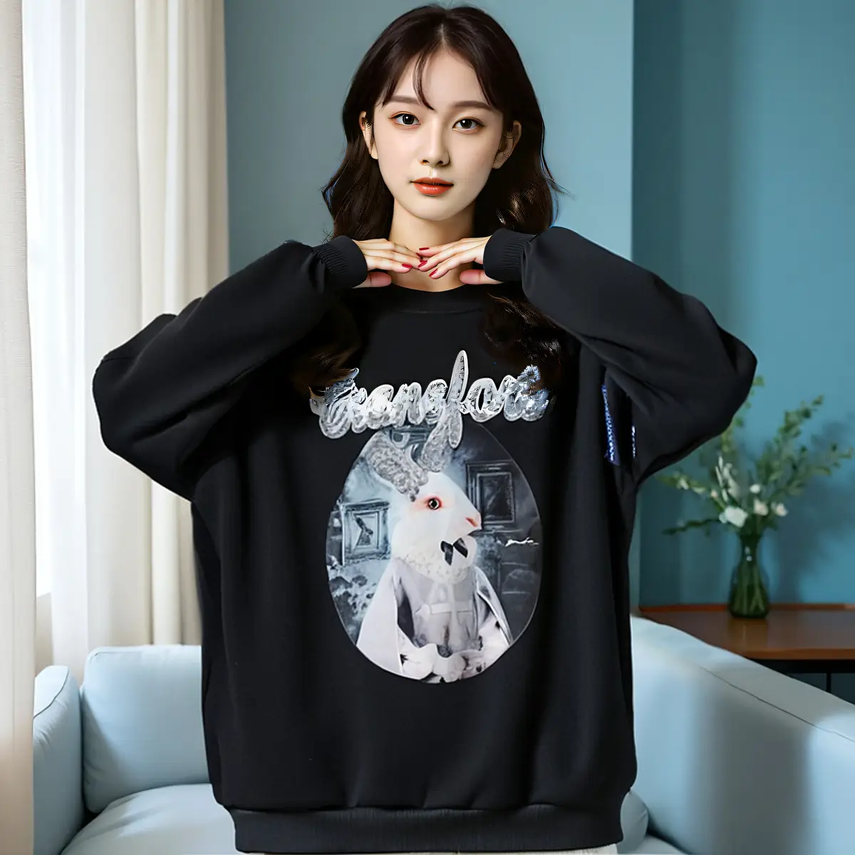 Plus Size Women's Fleece Sweatshirt Black Graphic Print - Image 6