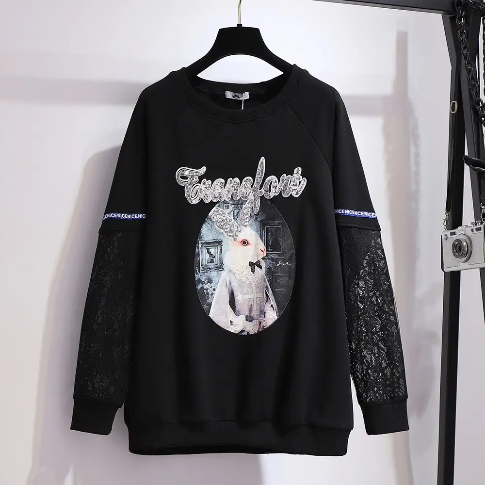 Plus Size Women's Fleece Sweatshirt Black Graphic Print - Image 3