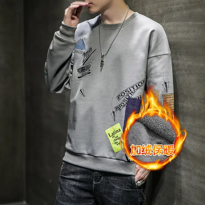 Men's Fleece Sweatshirt Thickened Winter Warm Gray - Image 3