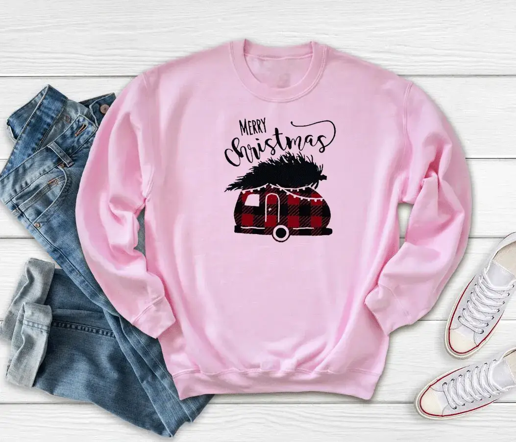 Pink Christmas Car Print Sweatshirt Round Neck - Image 7