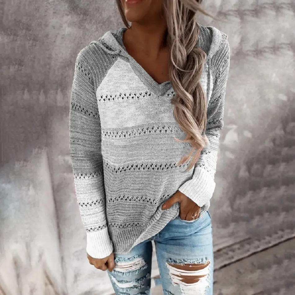 2025 Grey Knit Hoodie Long Sleeve Winter Wear - Image 5