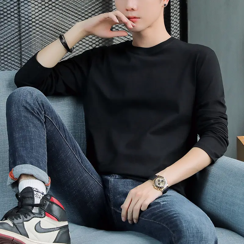 2025 Long Sleeve T-Shirt Navy Blue Round Neck Korean Style - Image 3