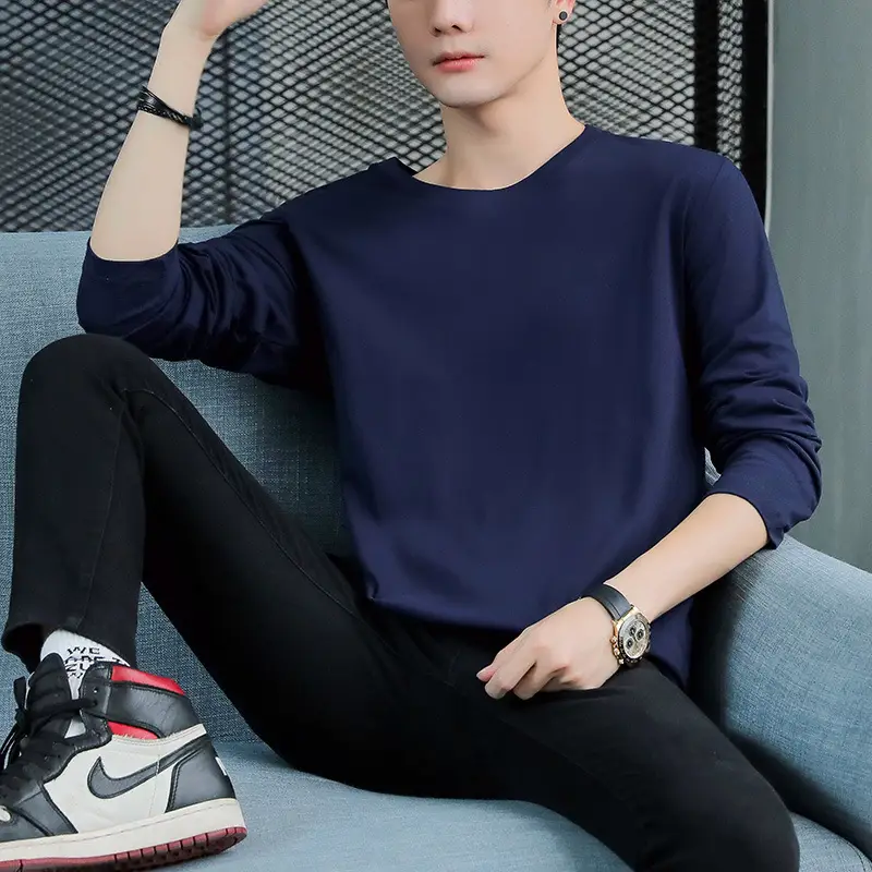 2025 Long Sleeve T-Shirt Navy Blue Round Neck Korean Style - Image 4