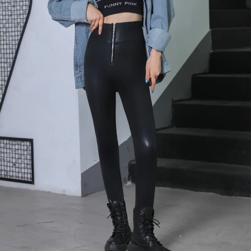 Women Black Slim Fit Zipper High Waist Pants - Image 3