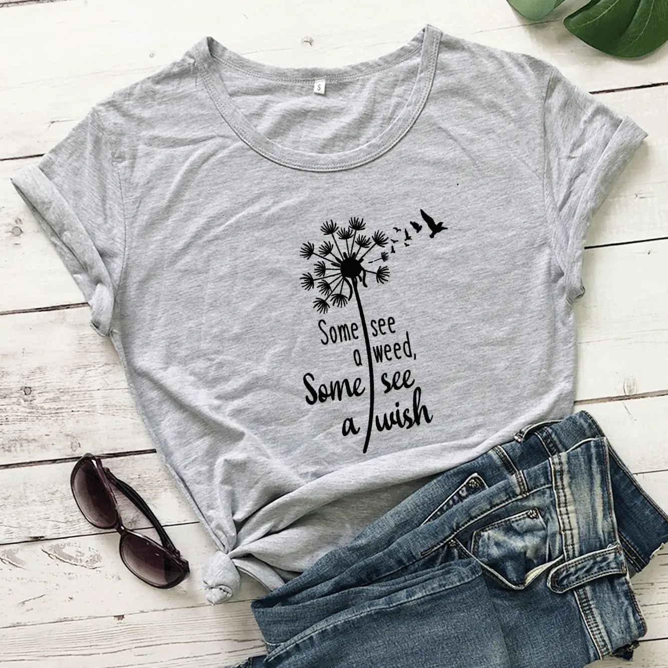 Gray Floral Print T-Shirt with "Some See A Weed Others See" Design - Image 3