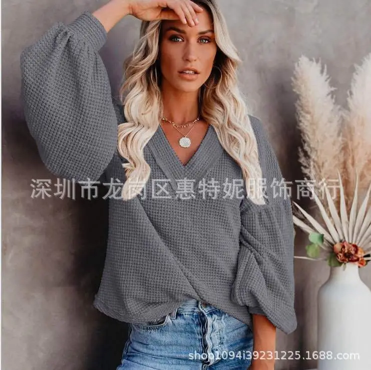 2020 Knitted V-Neck Shirt Top Blue Loose Winter - Image 3