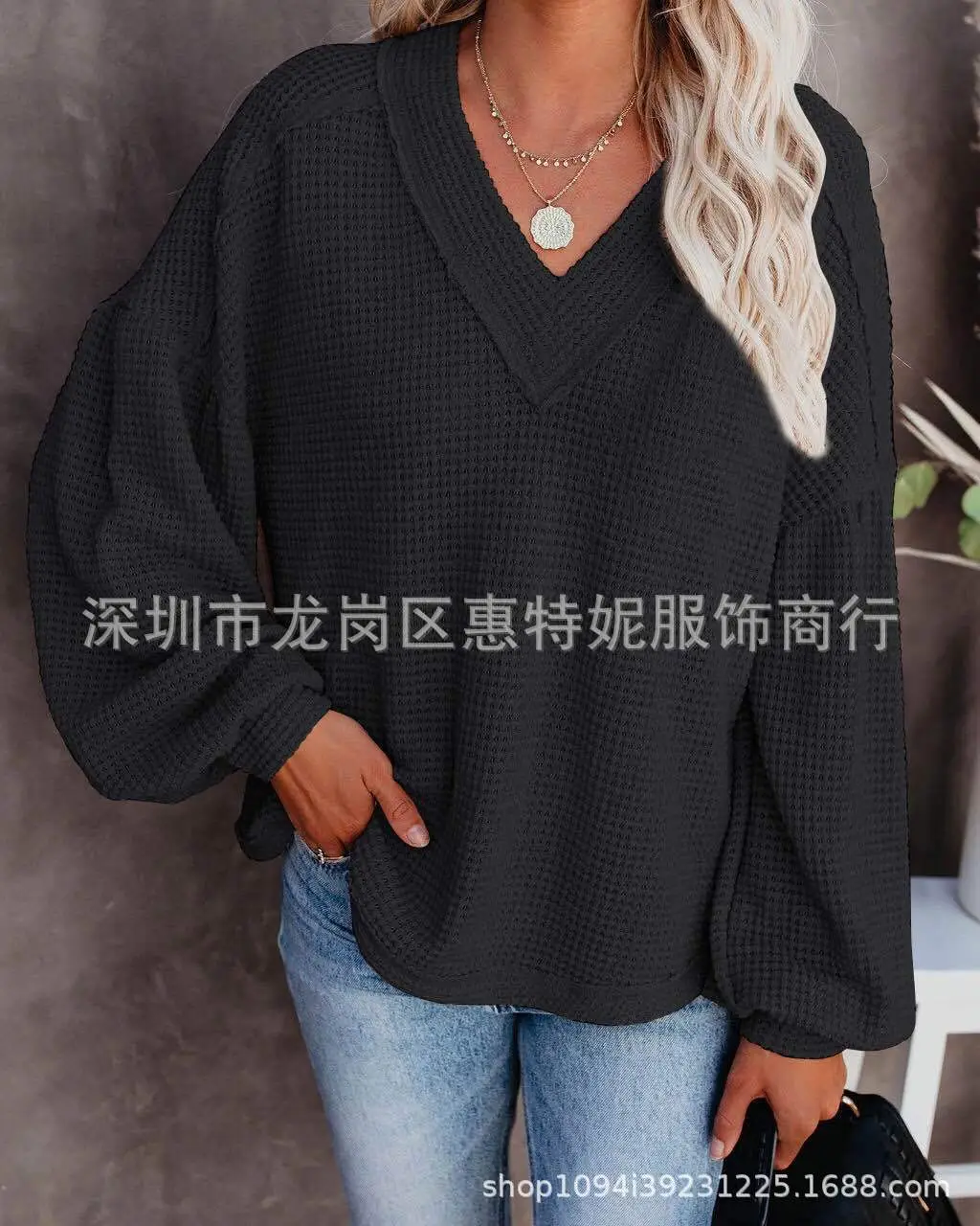 2020 Knitted V-Neck Shirt Top Blue Loose Winter - Image 12