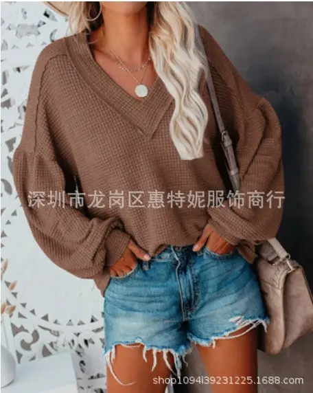 2020 Knitted V-Neck Shirt Top Blue Loose Winter - Image 10