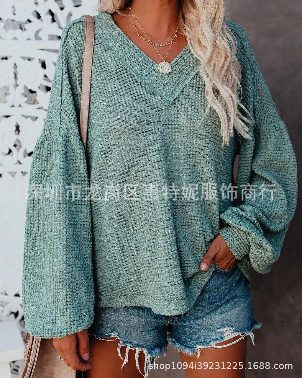 2020 Knitted V-Neck Shirt Top Blue Loose Winter - Image 4