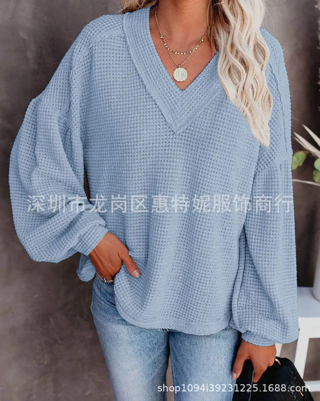 2020 Knitted V-Neck Shirt Top Blue Loose Winter - Image 9