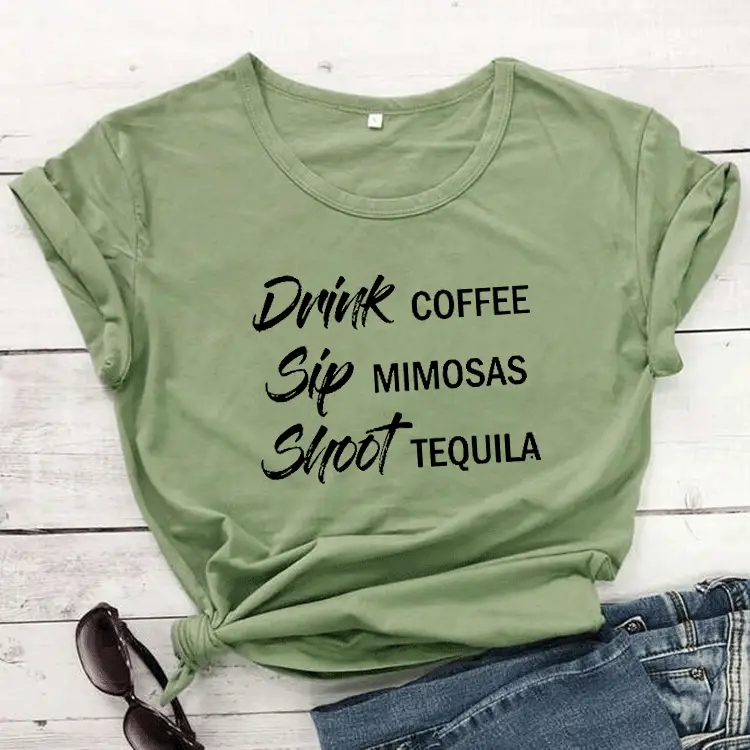 Black Graphic T-Shirt with Coffee Mimosas Tequila Design - Image 4