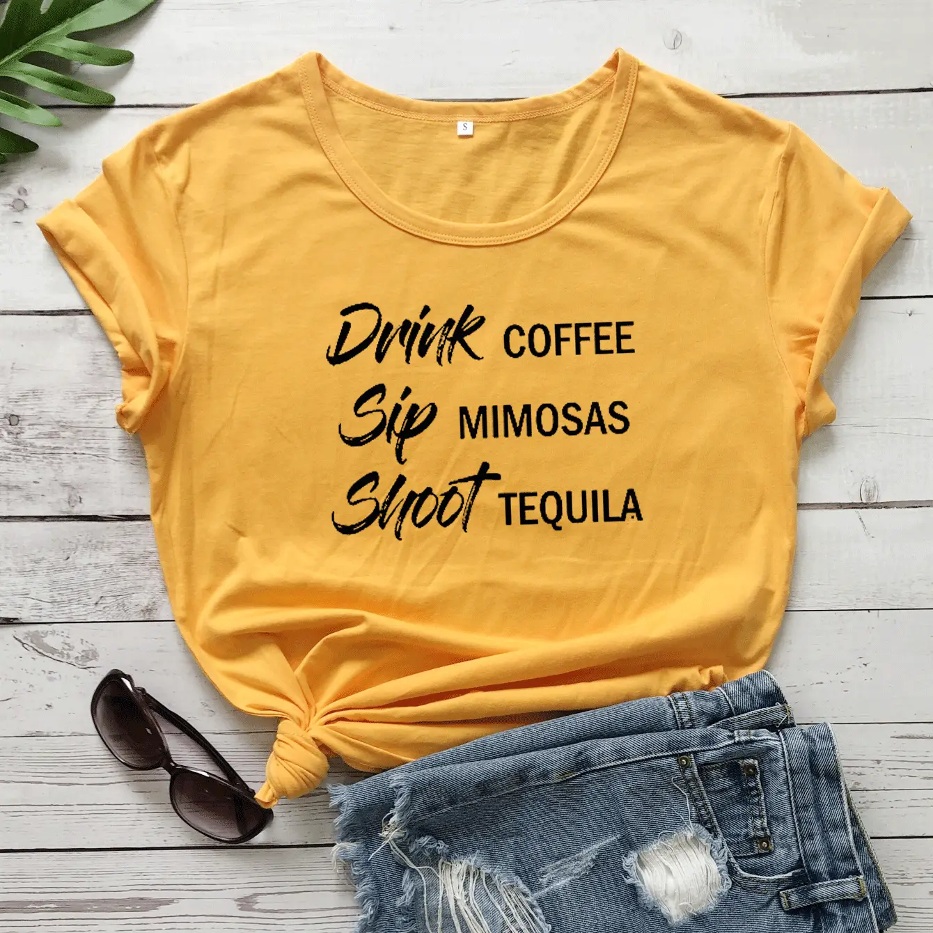 Black Graphic T-Shirt with Coffee Mimosas Tequila Design - Image 5