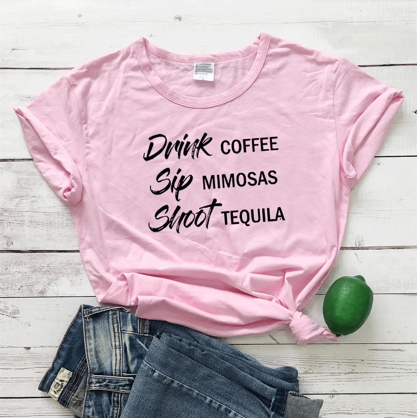 Black Graphic T-Shirt with Coffee Mimosas Tequila Design - Image 7