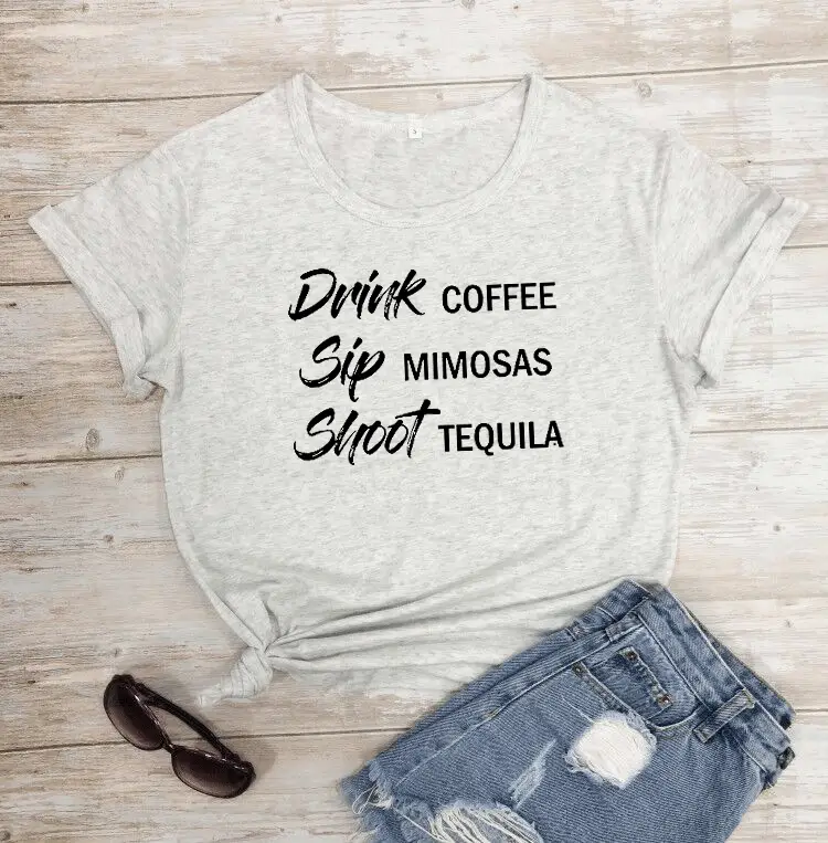 Black Graphic T-Shirt with Coffee Mimosas Tequila Design - Image 8