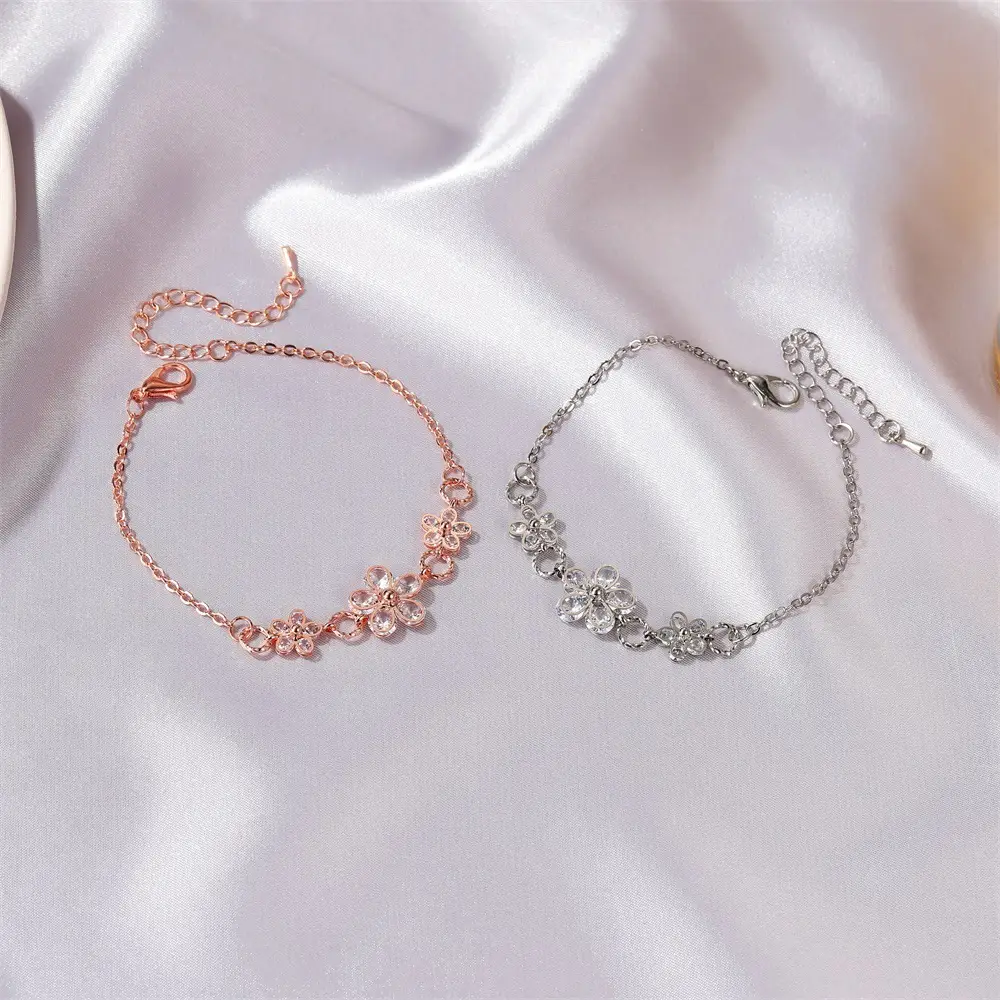 Rose Gold & Silver Crystal Flower Bracelet Set for Women - Image 4