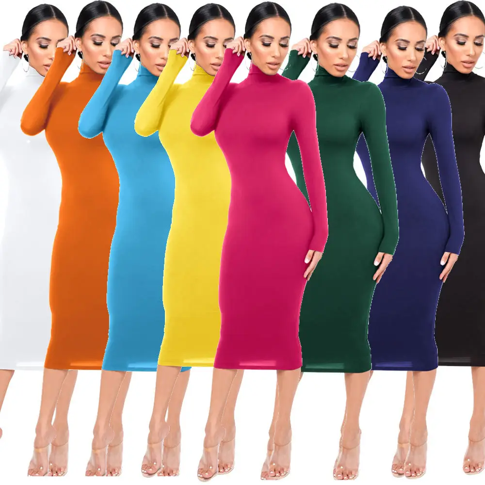 Fleece Lined Turtleneck Slim Skirt Dress Navy Blue - Image 11