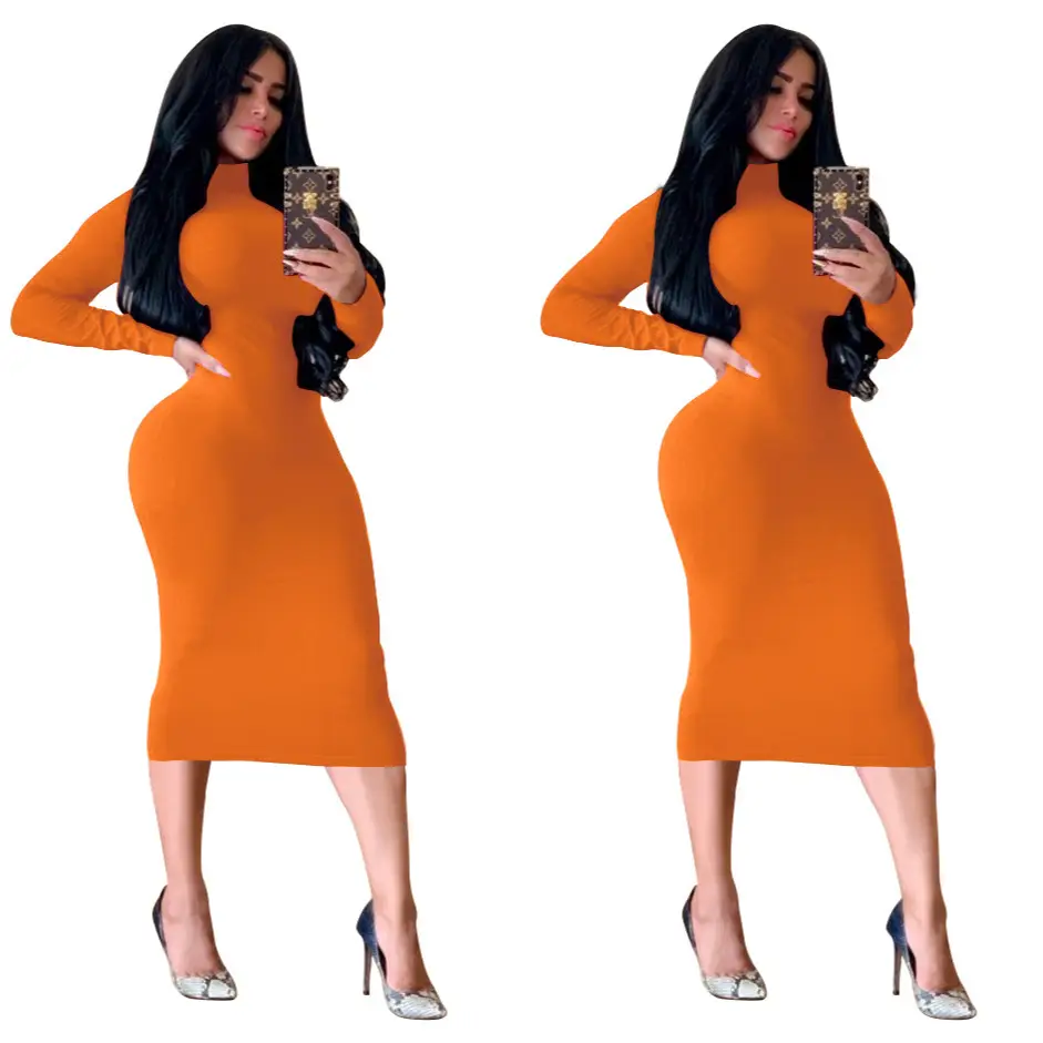 Fleece Lined Turtleneck Slim Skirt Dress Navy Blue - Image 12