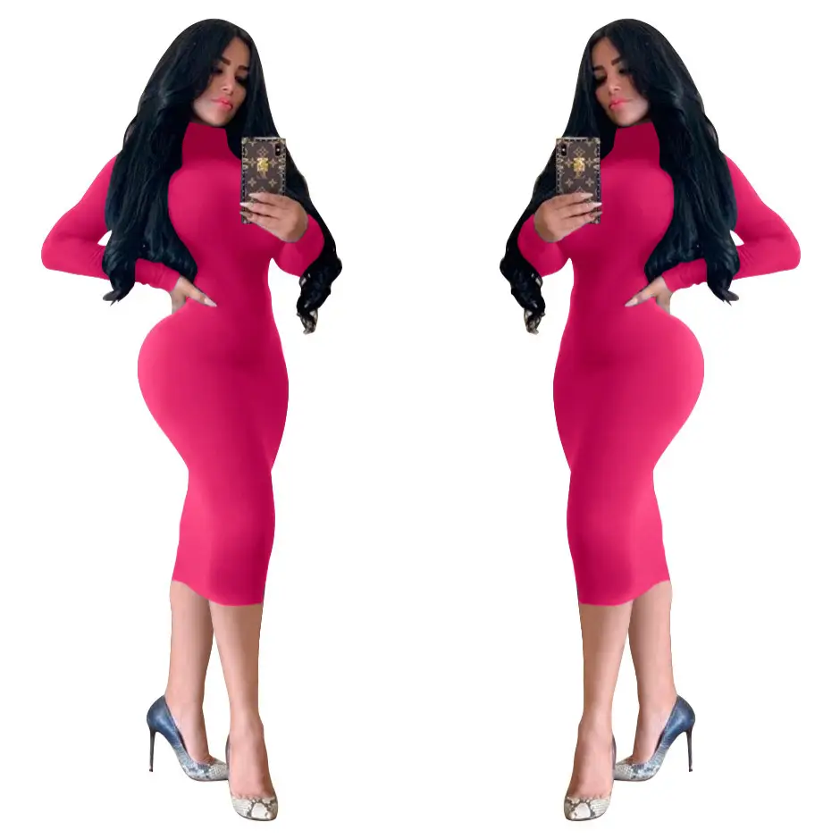 Fleece Lined Turtleneck Slim Skirt Dress Navy Blue - Image 13