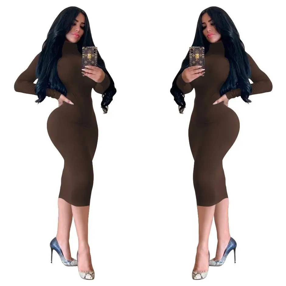 Fleece Lined Turtleneck Slim Skirt Dress Navy Blue - Image 14