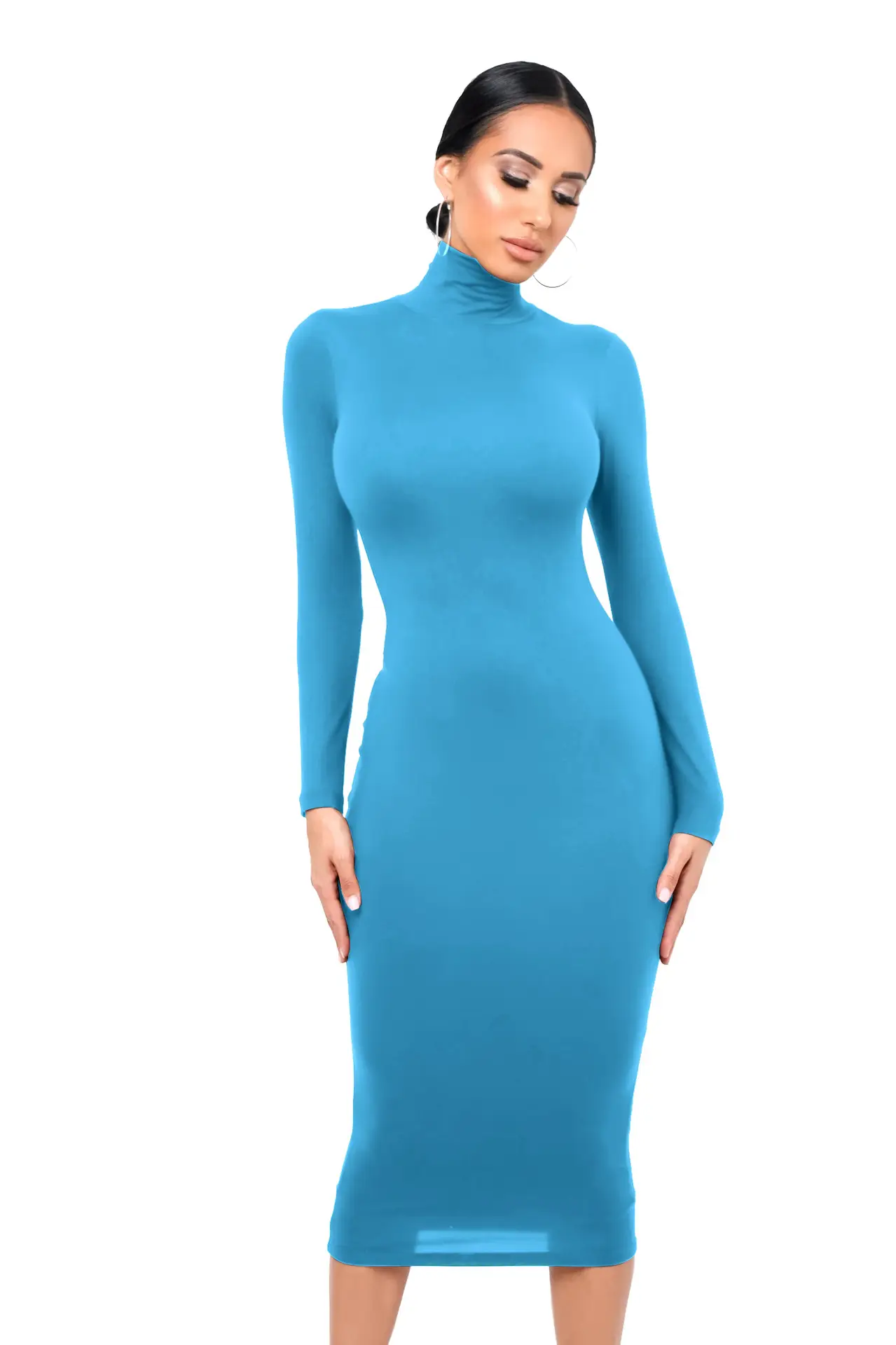 Fleece Lined Turtleneck Slim Skirt Dress Navy Blue - Image 6
