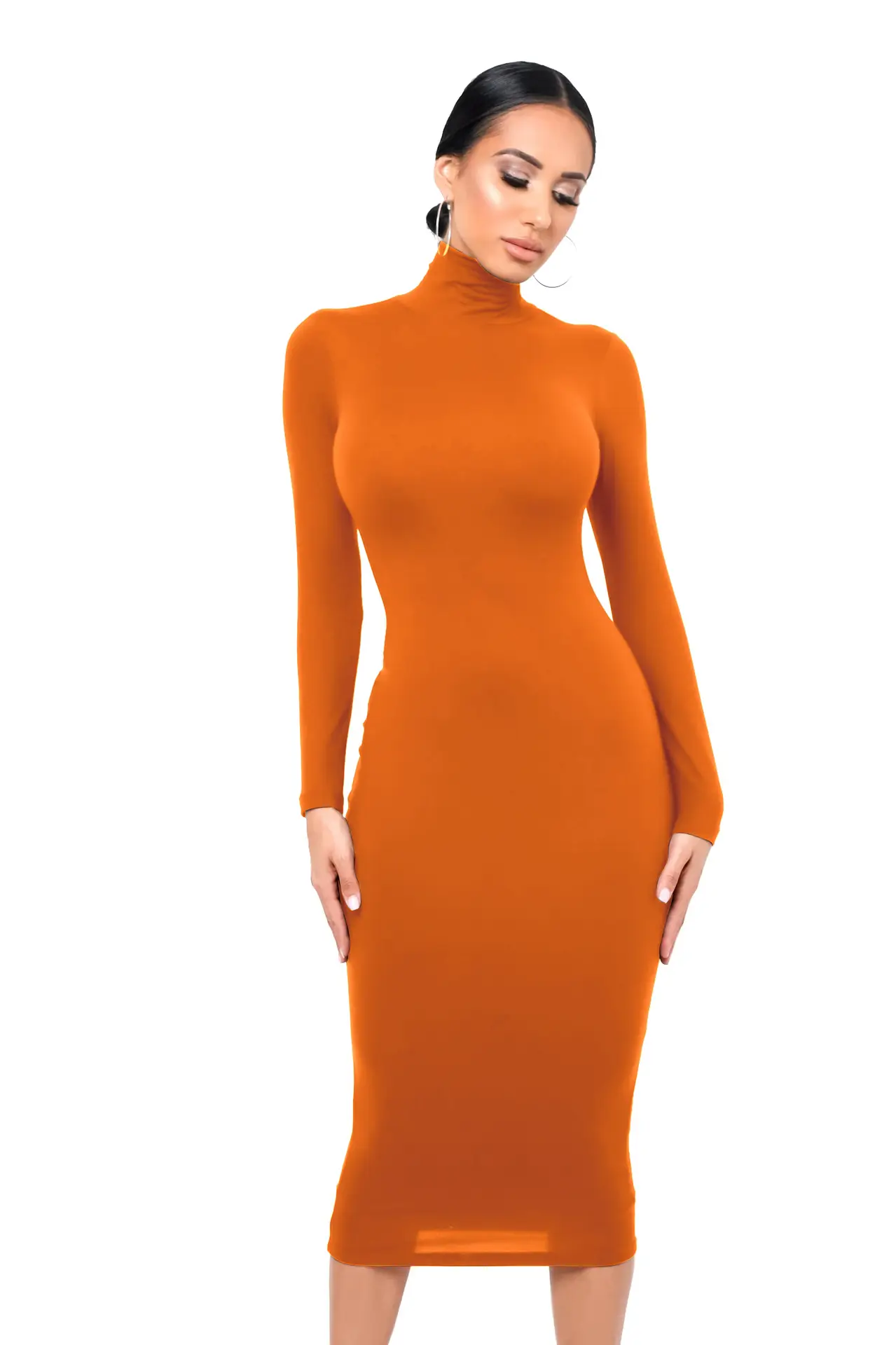 Fleece Lined Turtleneck Slim Skirt Dress Navy Blue - Image 7