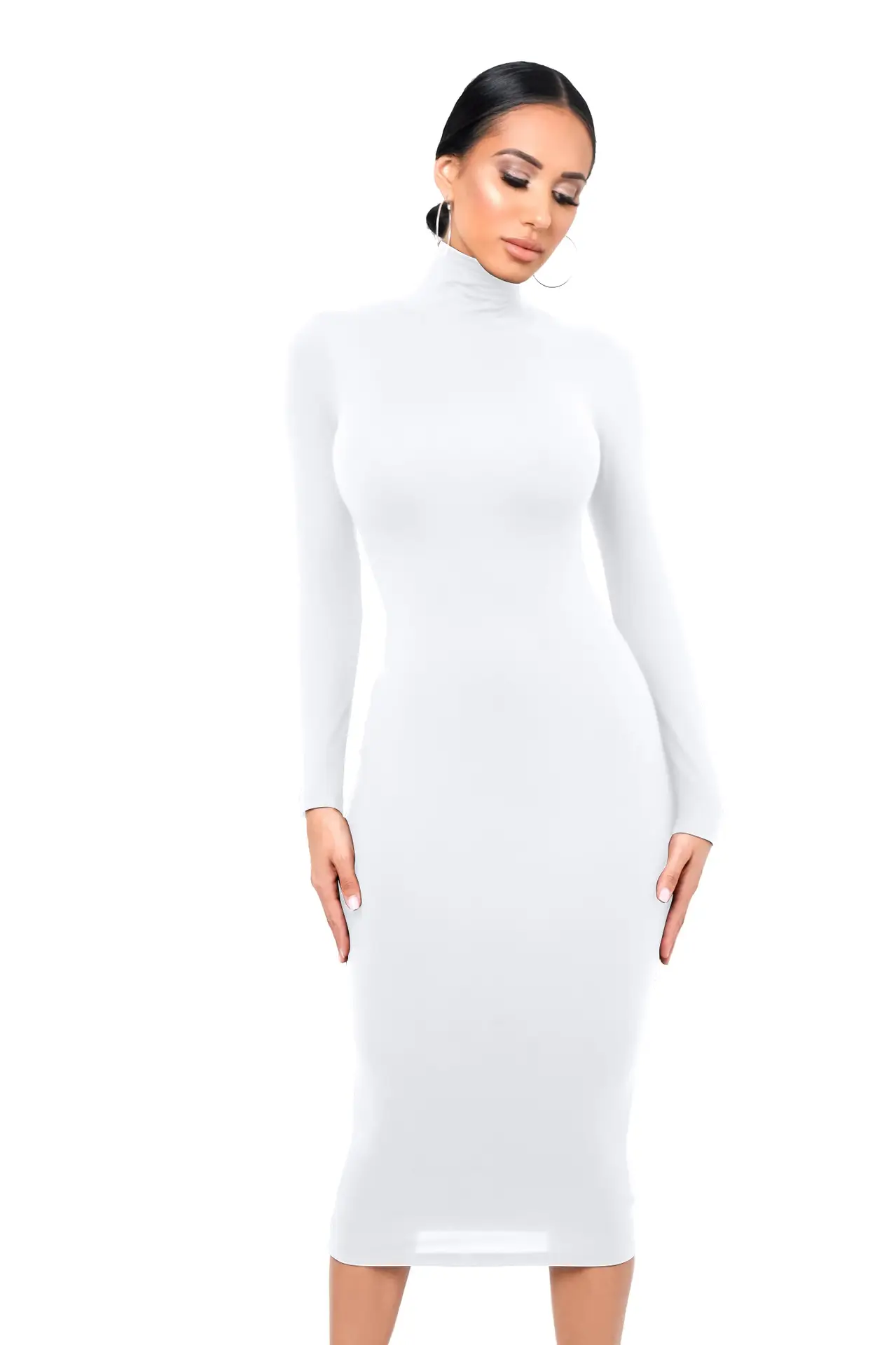 Fleece Lined Turtleneck Slim Skirt Dress Navy Blue - Image 8