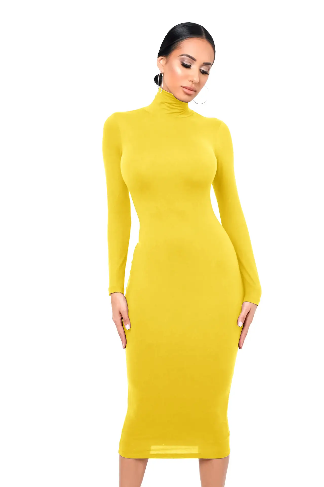 Fleece Lined Turtleneck Slim Skirt Dress Navy Blue - Image 2