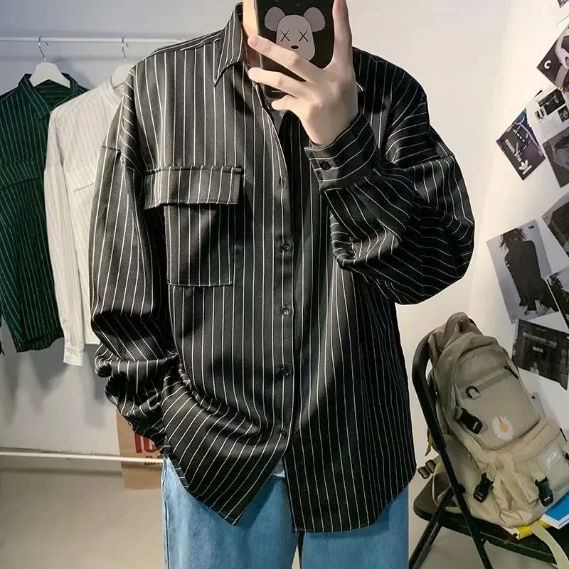 Men's Striped Plain Shirt Dark Blue Loose Fit - Image 2
