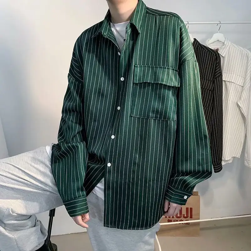 Men's Striped Plain Shirt Dark Blue Loose Fit - Image 3