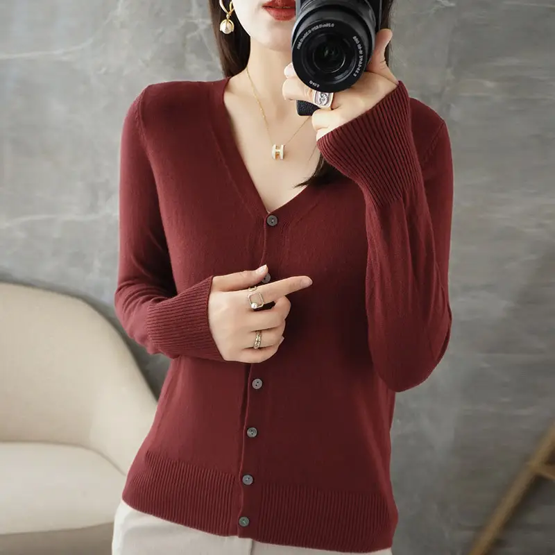 Women V-Neck Slimming Cardigan Solid Maroon - Image 10