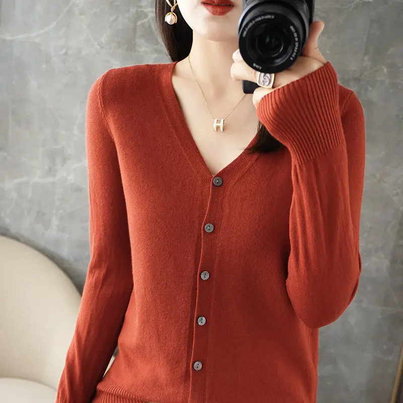 Women V-Neck Slimming Cardigan Solid Maroon - Image 18