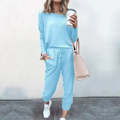 Women's Navy Blue Loose Fit Casual Suit Set Winter