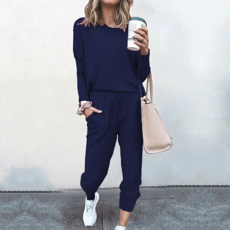 Women's Navy Blue Loose Fit Casual Suit Set Winter