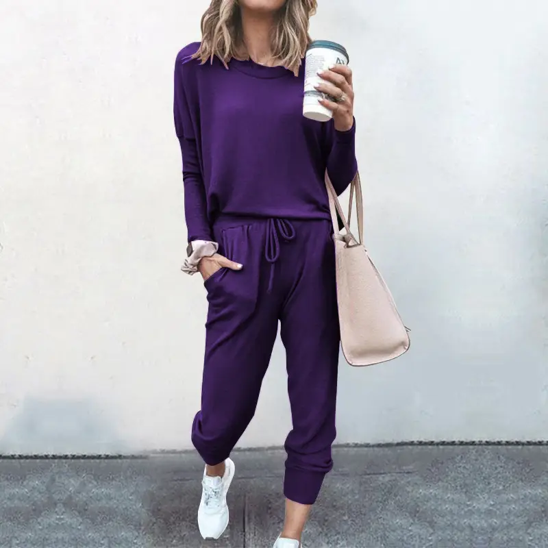 Women's Navy Blue Loose Fit Casual Suit Set Winter