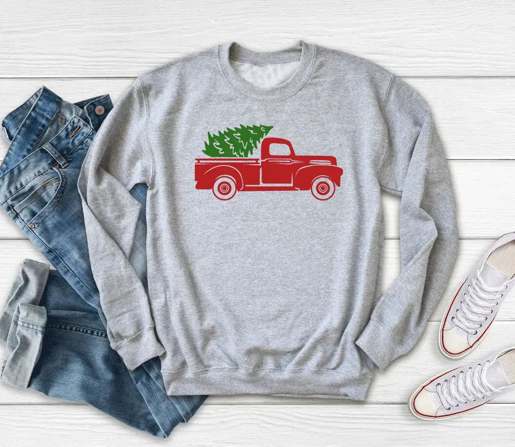 Red Christmas Tree Car Sweatshirt Round Neck