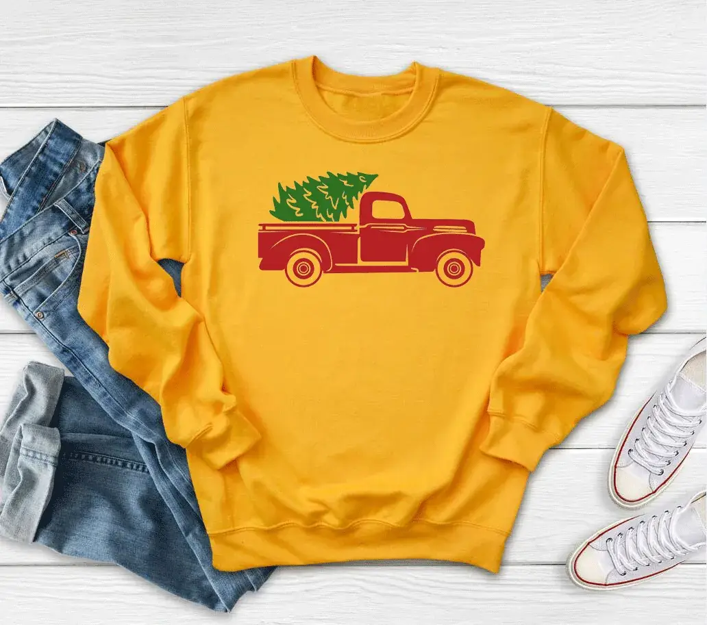 Red Christmas Tree Car Sweatshirt Round Neck