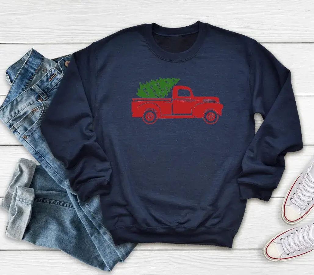 Red Christmas Tree Car Sweatshirt Round Neck