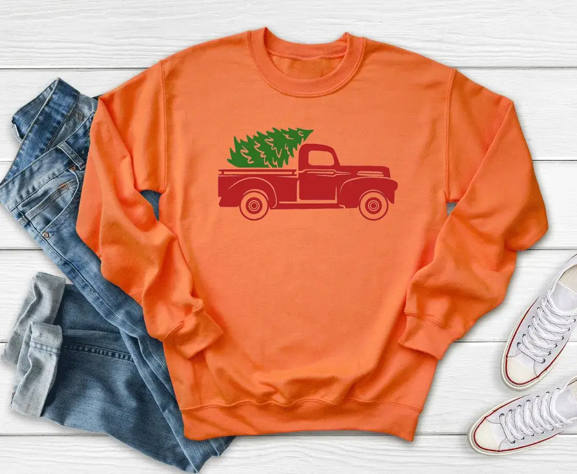 Red Christmas Tree Car Sweatshirt Round Neck