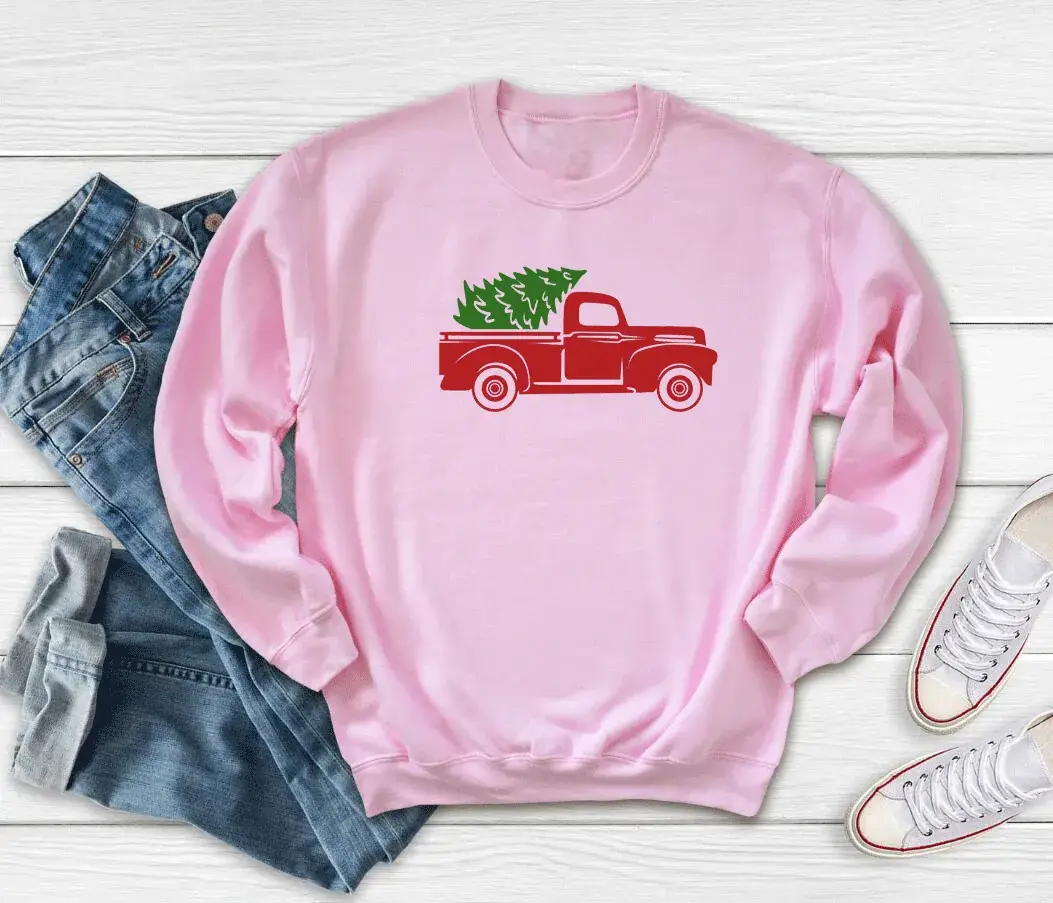Red Christmas Tree Car Sweatshirt Round Neck