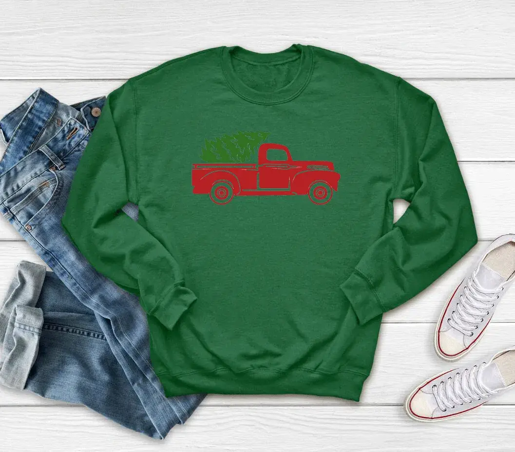 Red Christmas Tree Car Sweatshirt Round Neck