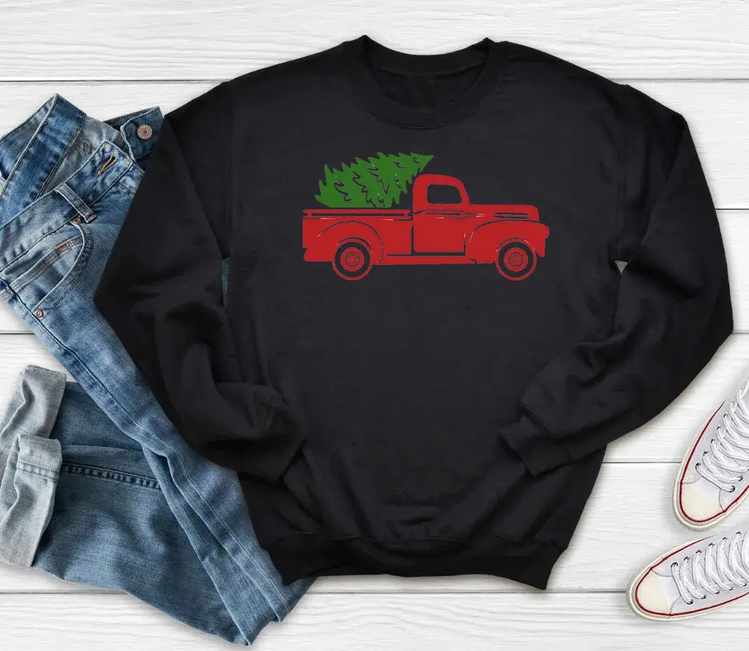 Red Christmas Tree Car Sweatshirt Round Neck