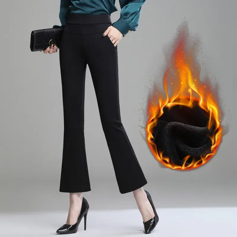 Women Fleece-lined Micro Flared Pants Black High Waist - Image 2
