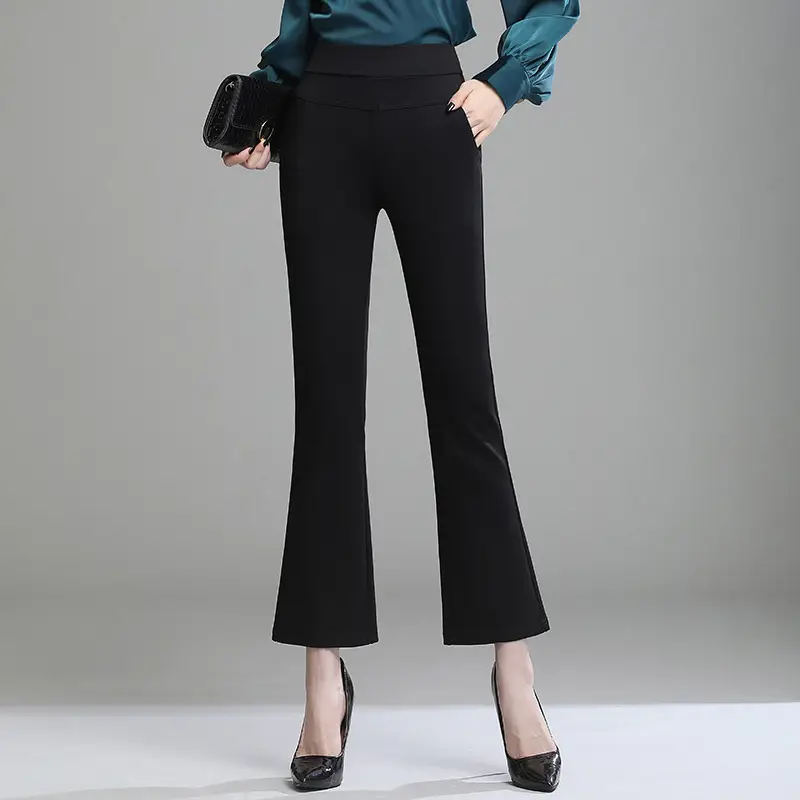 Women Fleece-lined Micro Flared Pants Black High Waist - Image 3